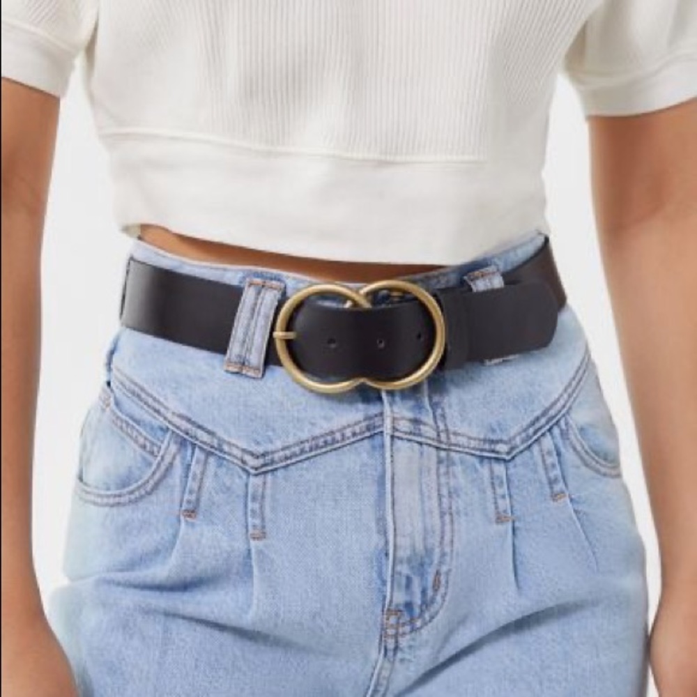 Urban Outfitters Double O-Ring Gold Buckle Black Leather High Waist Belt - XS